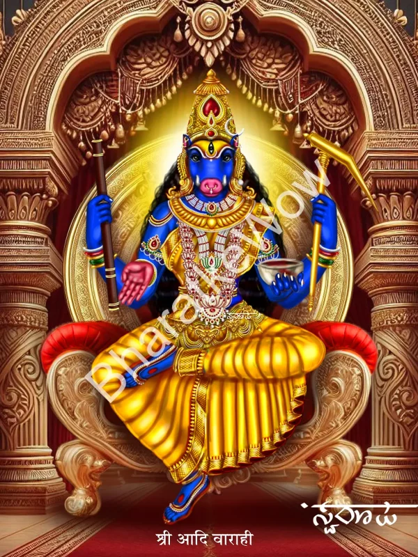 Ādi Vārāhī canvas painting by Swaroop – The primordial Vārāhī, served by all the gods — pestle and plough in hand