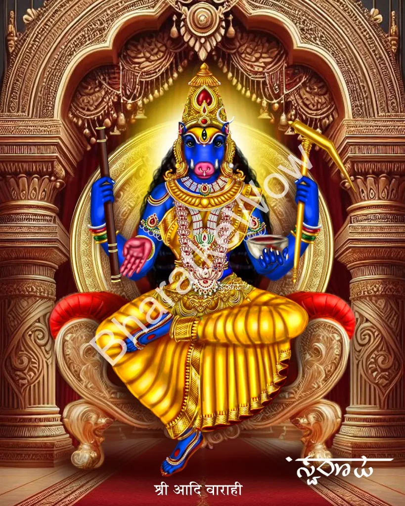 Ādi Vārāhī canvas painting by Swaroop – The primordial Vārāhī, served by all the gods — pestle and plough in hand