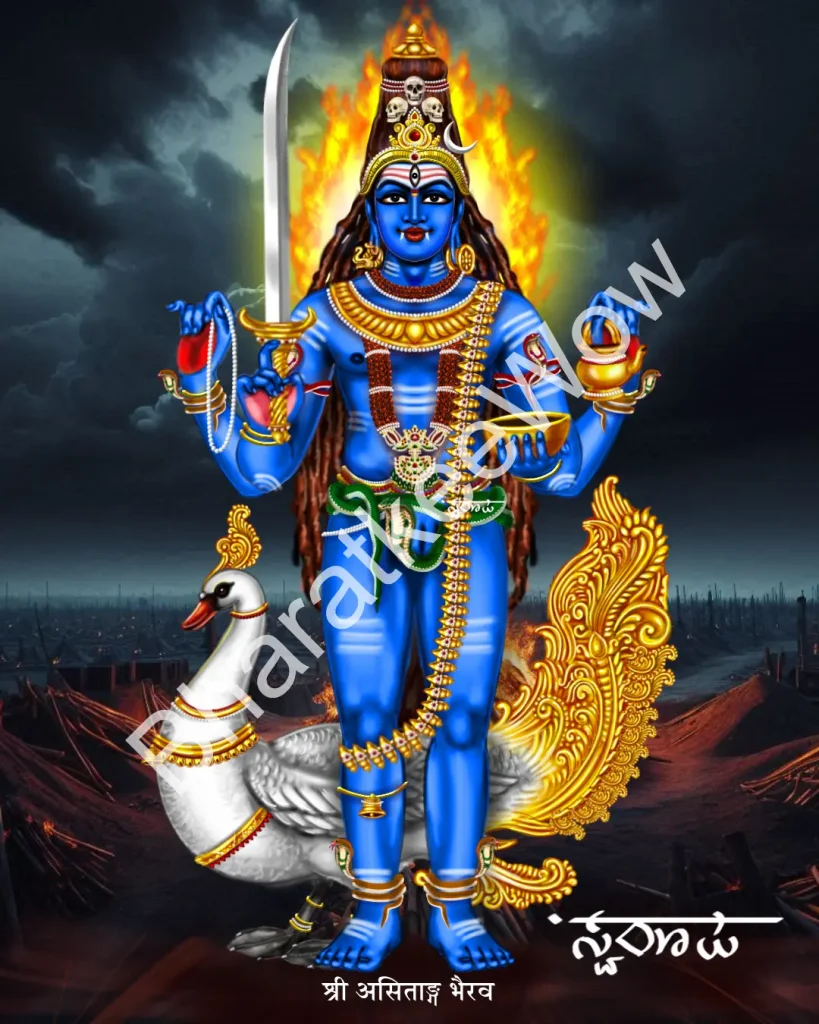 Asitāṅga Bhairava canvas painting by Swaroop – blue, three-eyed, riding a swan with Brāhmī, first of the Aṣṭa Bhairavas
