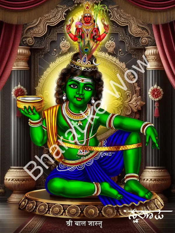 Bāla Śāstā canvas painting by Swaroop – The child Śāstā, emerald-bright, holding his cup of milk