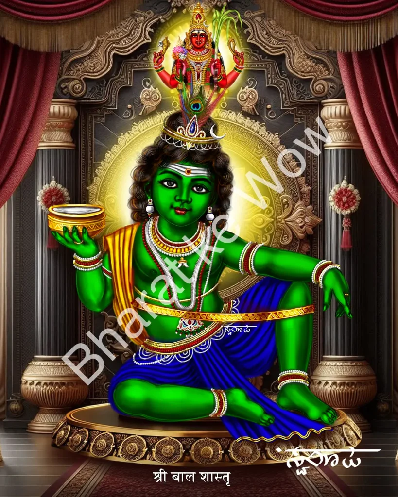 Bāla Śāstā canvas painting by Swaroop – The child Śāstā, emerald-bright, holding his cup of milk