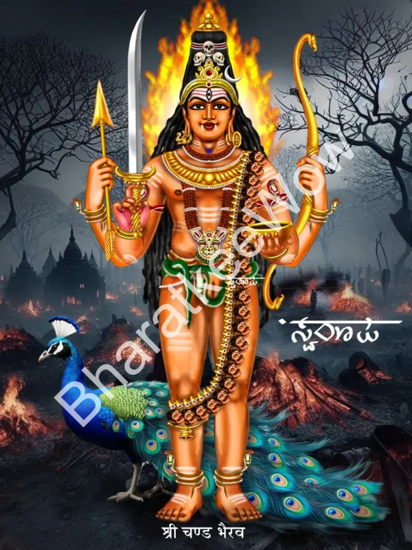 Caṇḍa Bhairava canvas painting by Swaroop – fair-complexioned, riding a peacock with Kaumārī, holding bow, arrow, sword and vessel