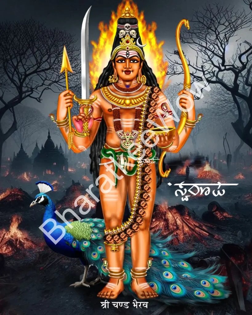 Caṇḍa Bhairava canvas painting by Swaroop – fair-complexioned, riding a peacock with Kaumārī, holding bow, arrow, sword and vessel
