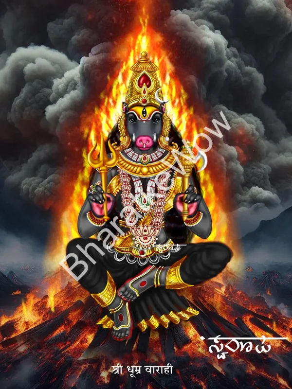 Dhūmra Vārāhī canvas painting by Swaroop – The fierce two-armed Vārāhī, with trident and goad