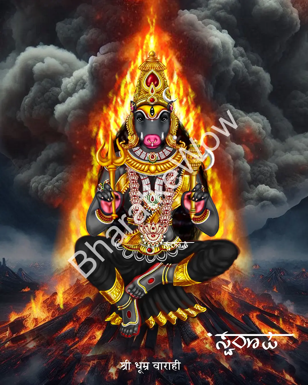 Dhūmra Vārāhī – Canvas Art Print by Swaroop Dhūmra Vārāhī canvas painting by Swaroop – The fierce two-armed Vārāhī, with trident and goad