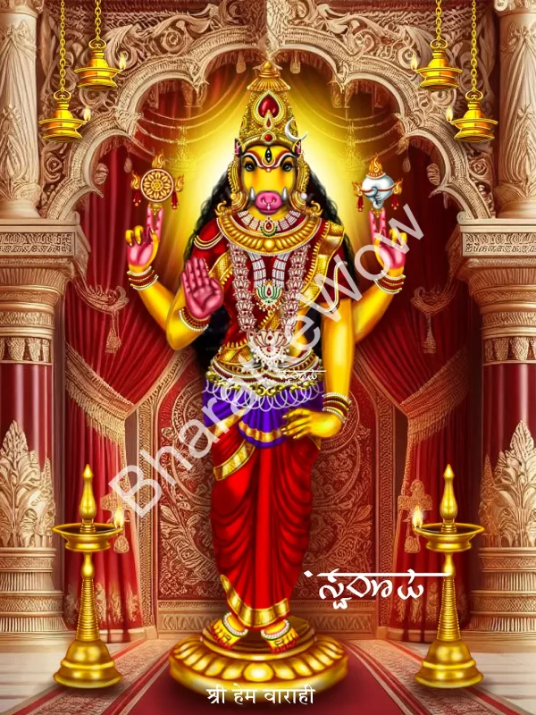 Hēma Vārāhī canvas painting by Swaroop – The golden Vārāhī of the siddha tradition, with conch and discus