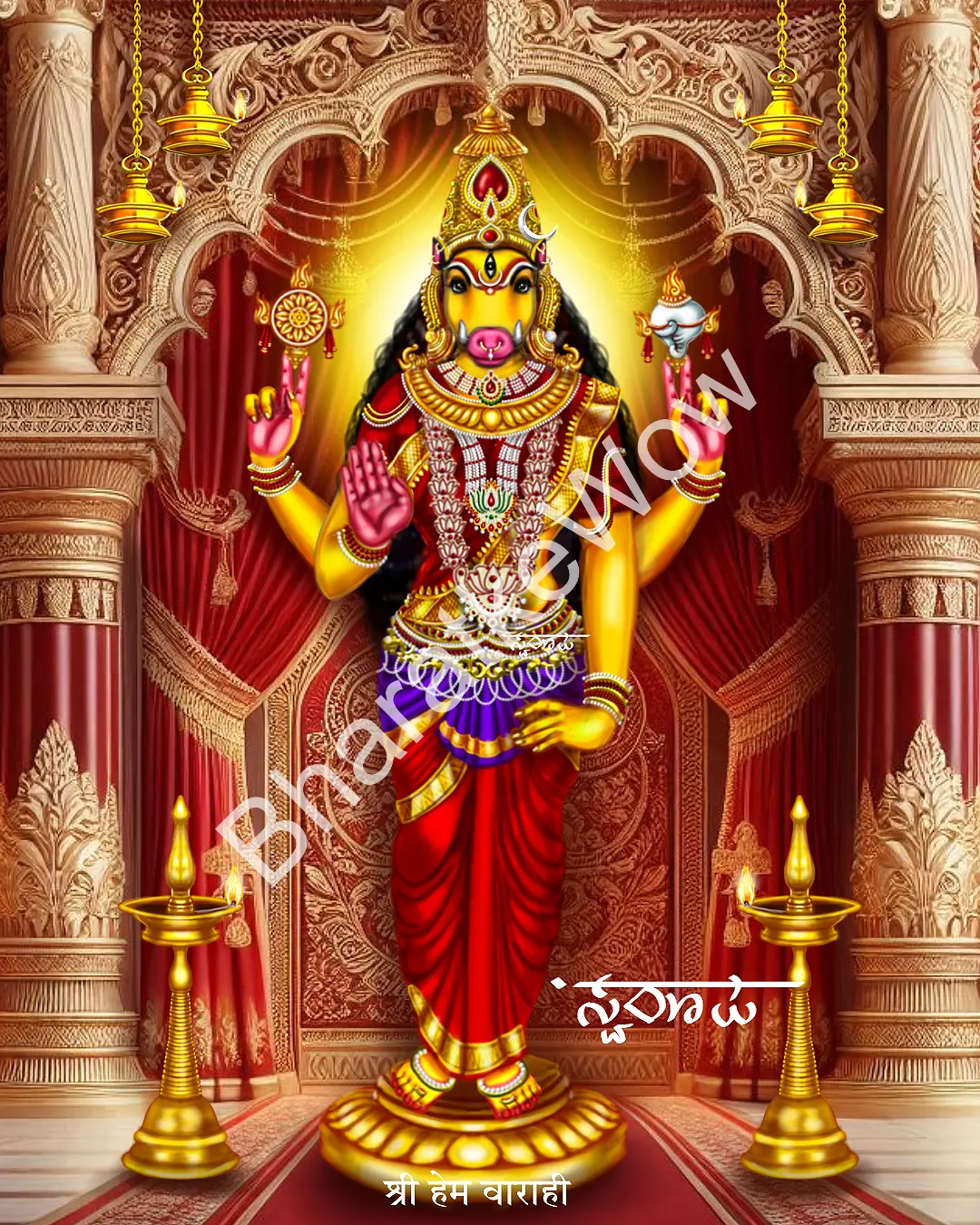 Hēma Vārāhī – Canvas Art Print by Swaroop Hēma Vārāhī canvas painting by Swaroop – The golden Vārāhī of the siddha tradition, with conch and discus