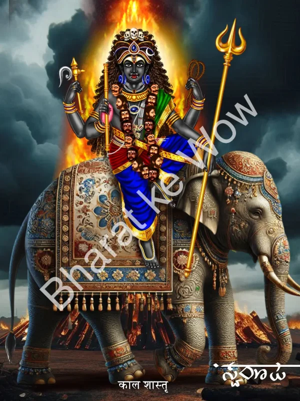 Kāla Śāstā canvas painting by Swaroop – The fierce, cloud-dark Śāstā, destroyer of enemies, on his elephant