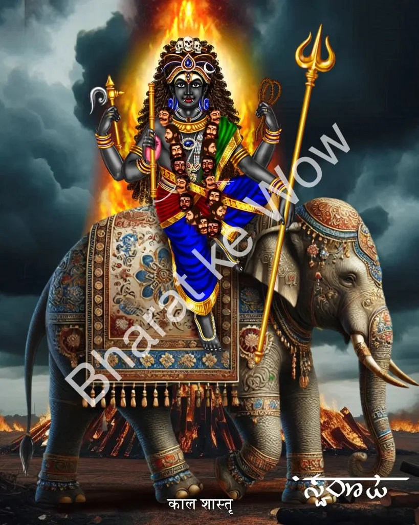 Kāla Śāstā canvas painting by Swaroop – The fierce, cloud-dark Śāstā, destroyer of enemies, on his elephant