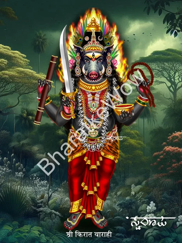 Kirāta Vārāhī canvas painting by Swaroop – The fierce hunter Vārāhī — sword and pestle, dressed as a kirāta