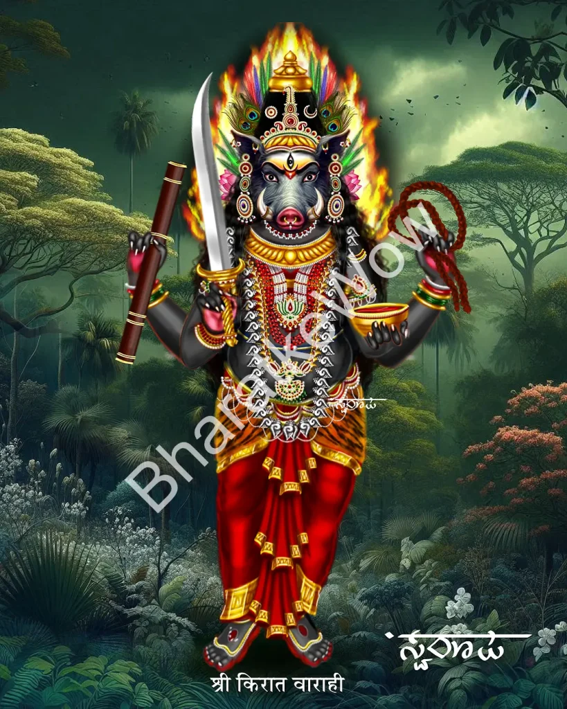 Kirāta Vārāhī canvas painting by Swaroop – The fierce hunter Vārāhī — sword and pestle, dressed as a kirāta