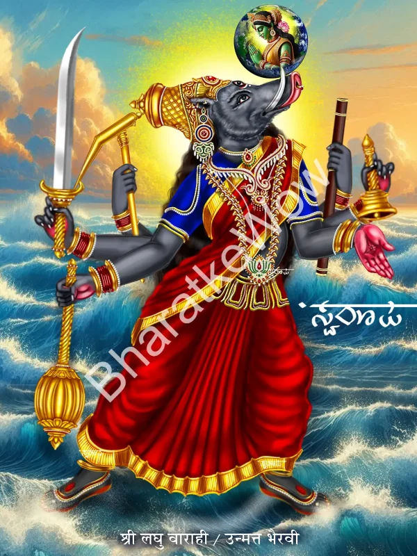 Laghu Vārāhī canvas painting by Swaroop – The Mātṛkā Vārāhī, consort of Unmatta Bhairava — lifting the Earth on her tusks
