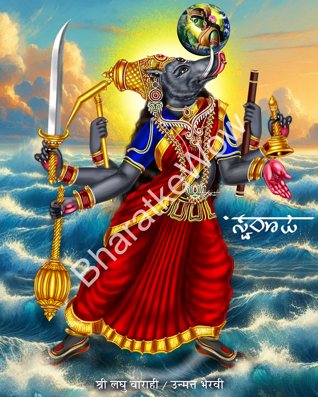 Laghu Vārāhī – Canvas Art Print by Swaroop Laghu Vārāhī canvas painting by Swaroop – The Mātṛkā Vārāhī, consort of Unmatta Bhairava — lifting the Earth on her tusks