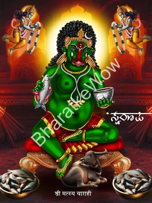 Matsya Vārāhī canvas painting by Swaroop – The fish-holding Vārāhī of the Chaurasi temple, Odisha
