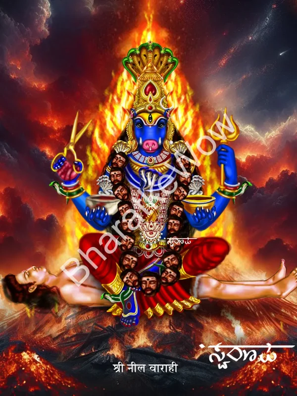 Nīla Vārāhī canvas painting by Swaroop – The dark-blue Vārāhī of the Vārāhī Tantra, seated on a corpse