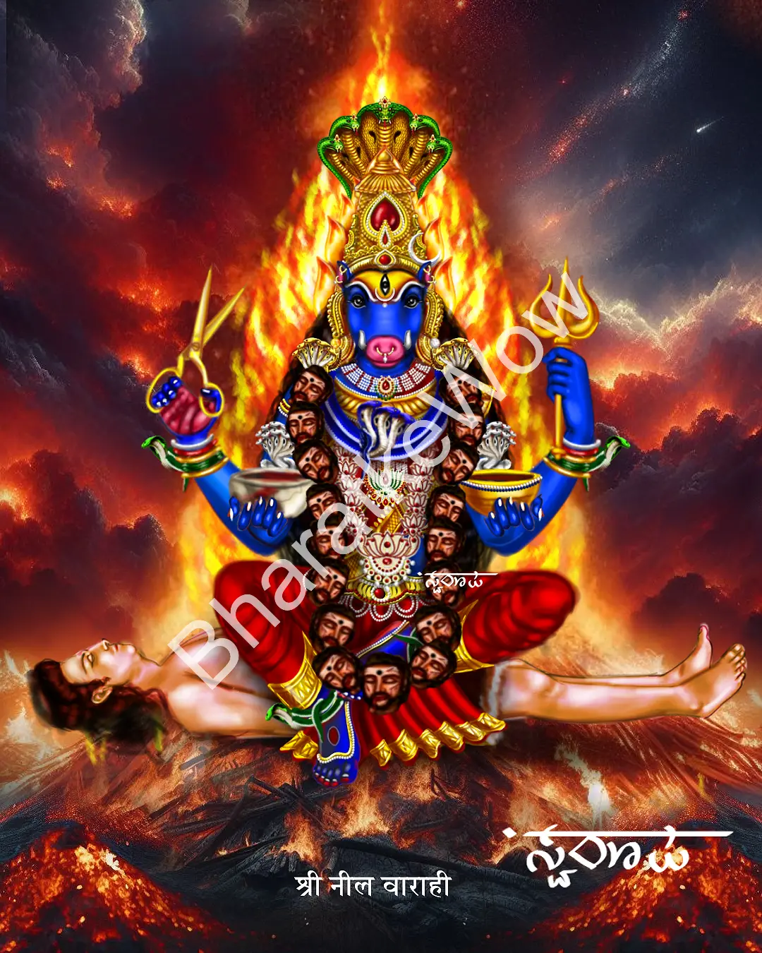 Nīla Vārāhī – Canvas Art Print by Swaroop Nīla Vārāhī canvas painting by Swaroop – The dark-blue Vārāhī of the Vārāhī Tantra, seated on a corpse