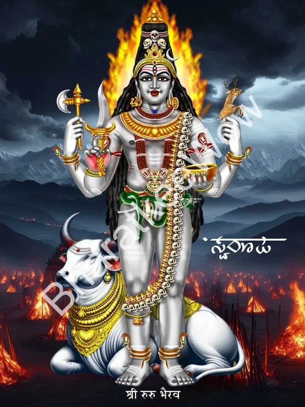 Ruru Bhairava canvas painting by Swaroop – crystal-white, riding a bull with Māheśvarī, holding axe, deer, vessel and sword