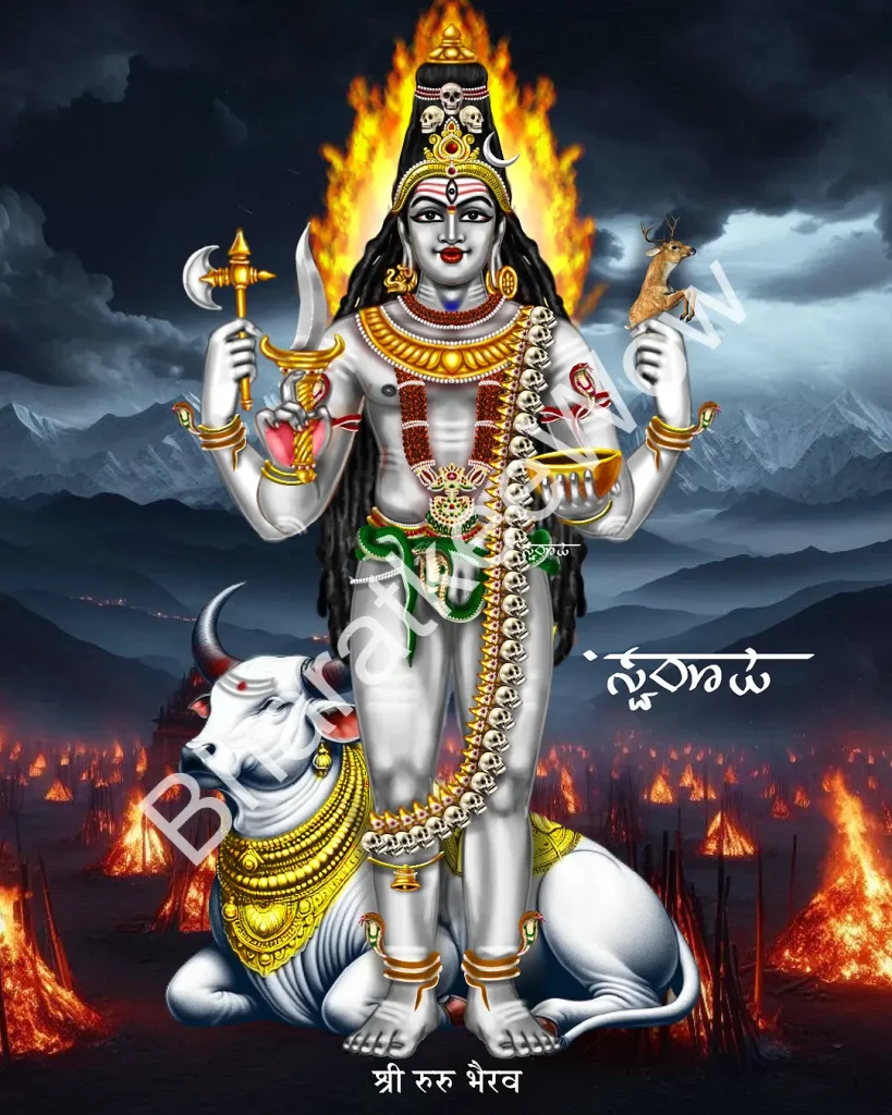 Ruru Bhairava canvas painting by Swaroop – crystal-white, riding a bull with Māheśvarī, holding axe, deer, vessel and sword