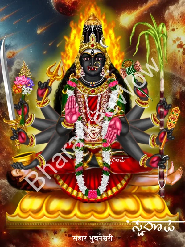 Saṃhāra Bhuvanēśvarī canvas painting by Swaroop – Bhuvanēśvarī as dissolution — ten-armed and dark, the destroyer of fear