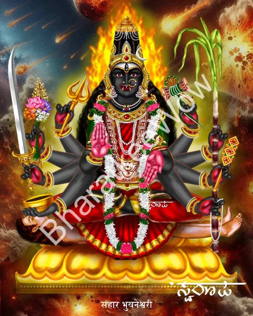 Saṃhāra Bhuvanēśvarī canvas painting by Swaroop – Bhuvanēśvarī as dissolution — ten-armed and dark, the destroyer of fear