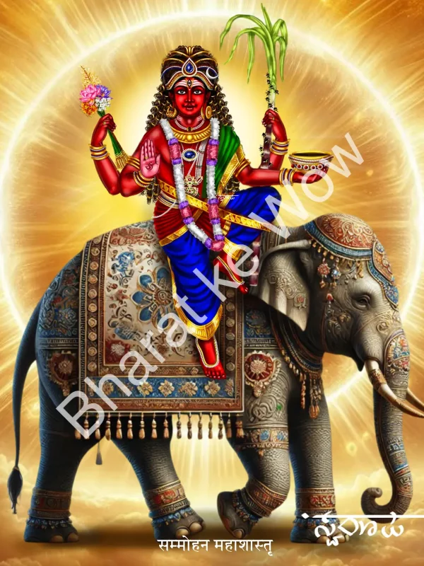 Sammōhana Mahāśāstā canvas painting by Swaroop – The great Śāstā who enchants the three worlds, mounted on an elephant
