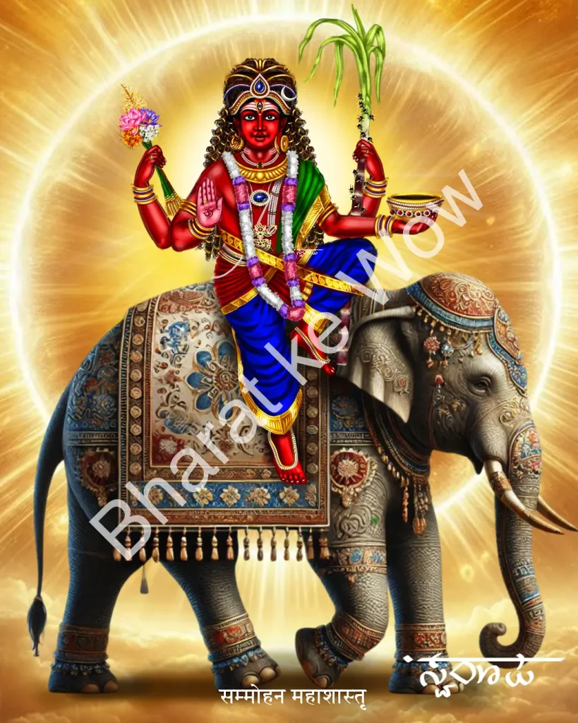 Sammōhana Mahāśāstā canvas painting by Swaroop – The great Śāstā who enchants the three worlds, mounted on an elephant