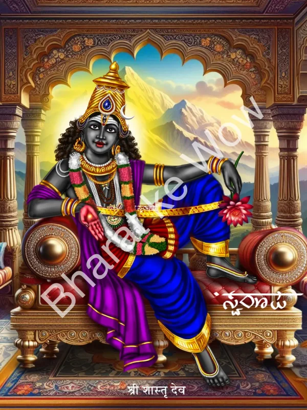Śrī Śāstā Dēva canvas painting by Swaroop – Śrī Śāstā, giver of boons — red lotus in hand, jewelled crown