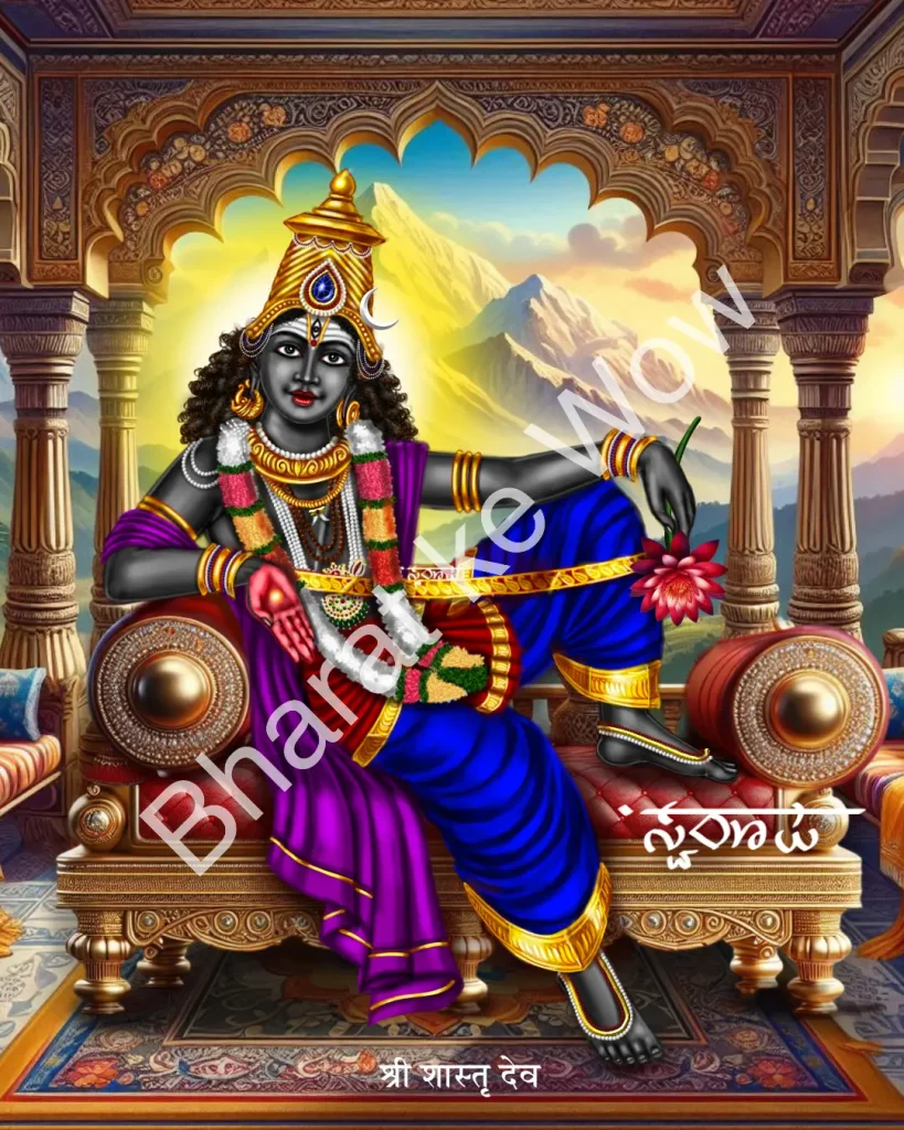 Śrī Śāstā Dēva canvas painting by Swaroop – Śrī Śāstā, giver of boons — red lotus in hand, jewelled crown