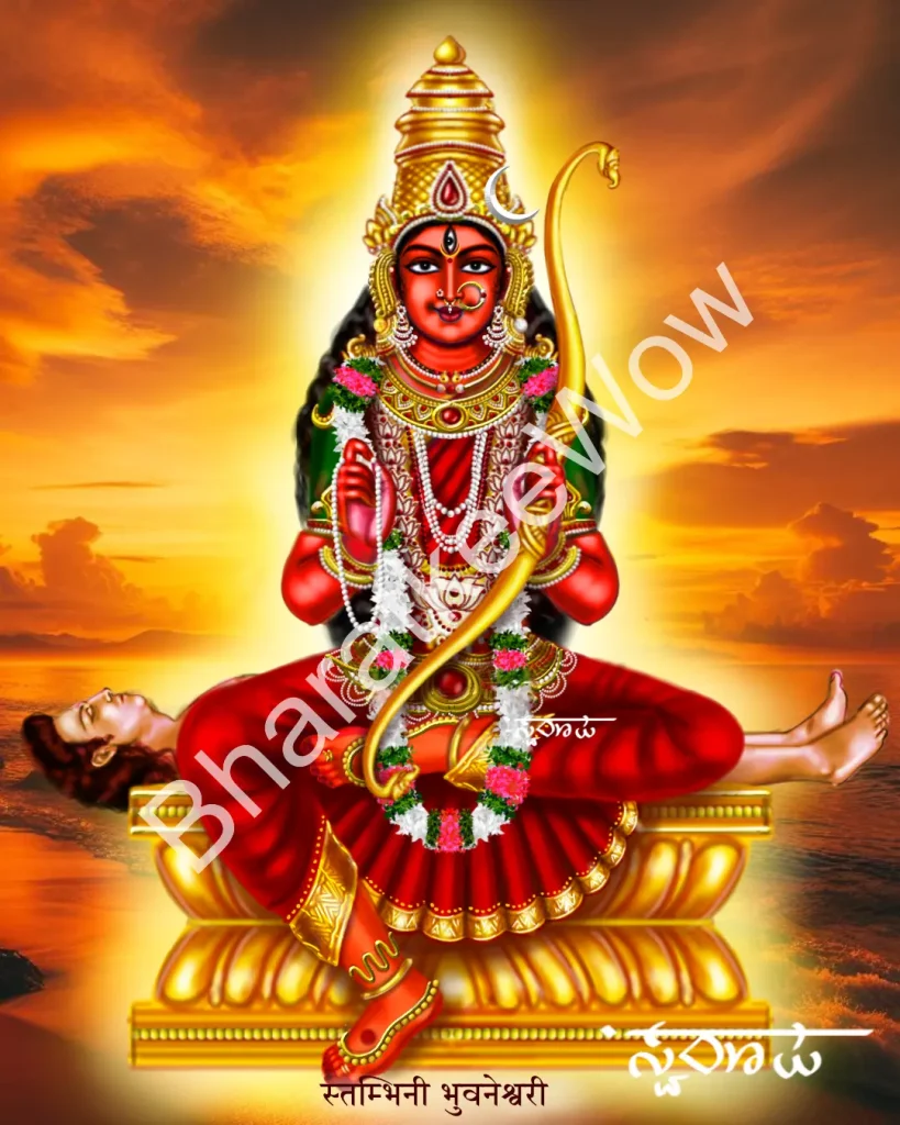 Śavārūḍhā Stambhinī Bhuvanēśvarī canvas painting by Swaroop – Bhuvanēśvarī who stills the speech of opponents — seated on a corpse, radiant as a million suns