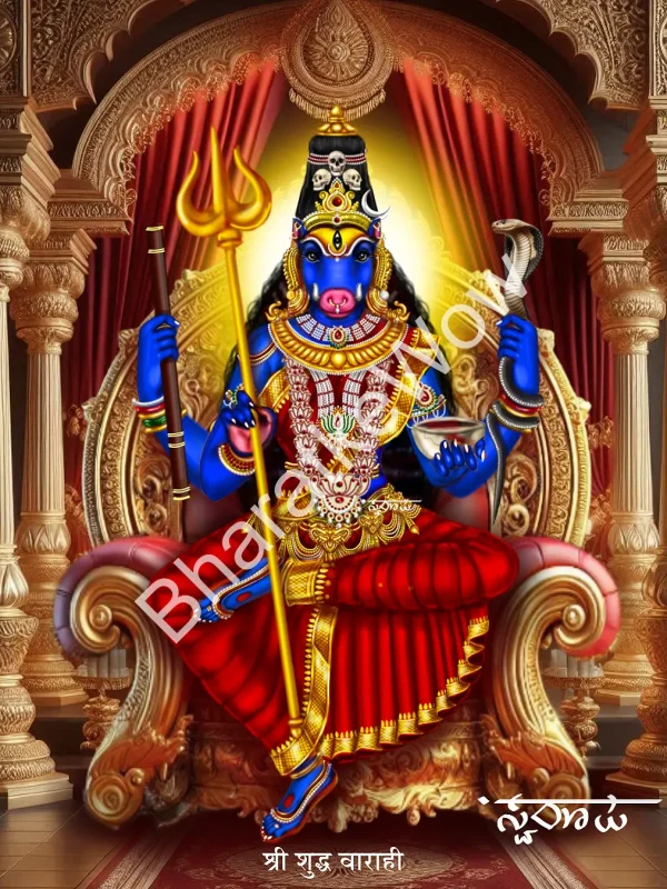 Śuddha Vārāhī canvas painting by Swaroop – The pure Vārāhī of the Vārāhī Kalpa — trident, skull bowl, pestle and snake