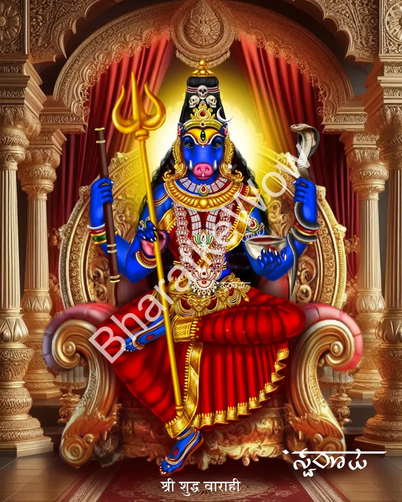 Śuddha Vārāhī canvas painting by Swaroop – The pure Vārāhī of the Vārāhī Kalpa — trident, skull bowl, pestle and snake