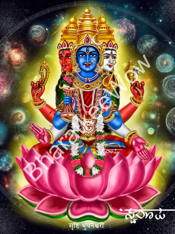 Sṛṣṭi Bhuvanēśvarī canvas painting by Swaroop – Bhuvanēśvarī as creation — three faces of red, blue and white, seated on a lotus