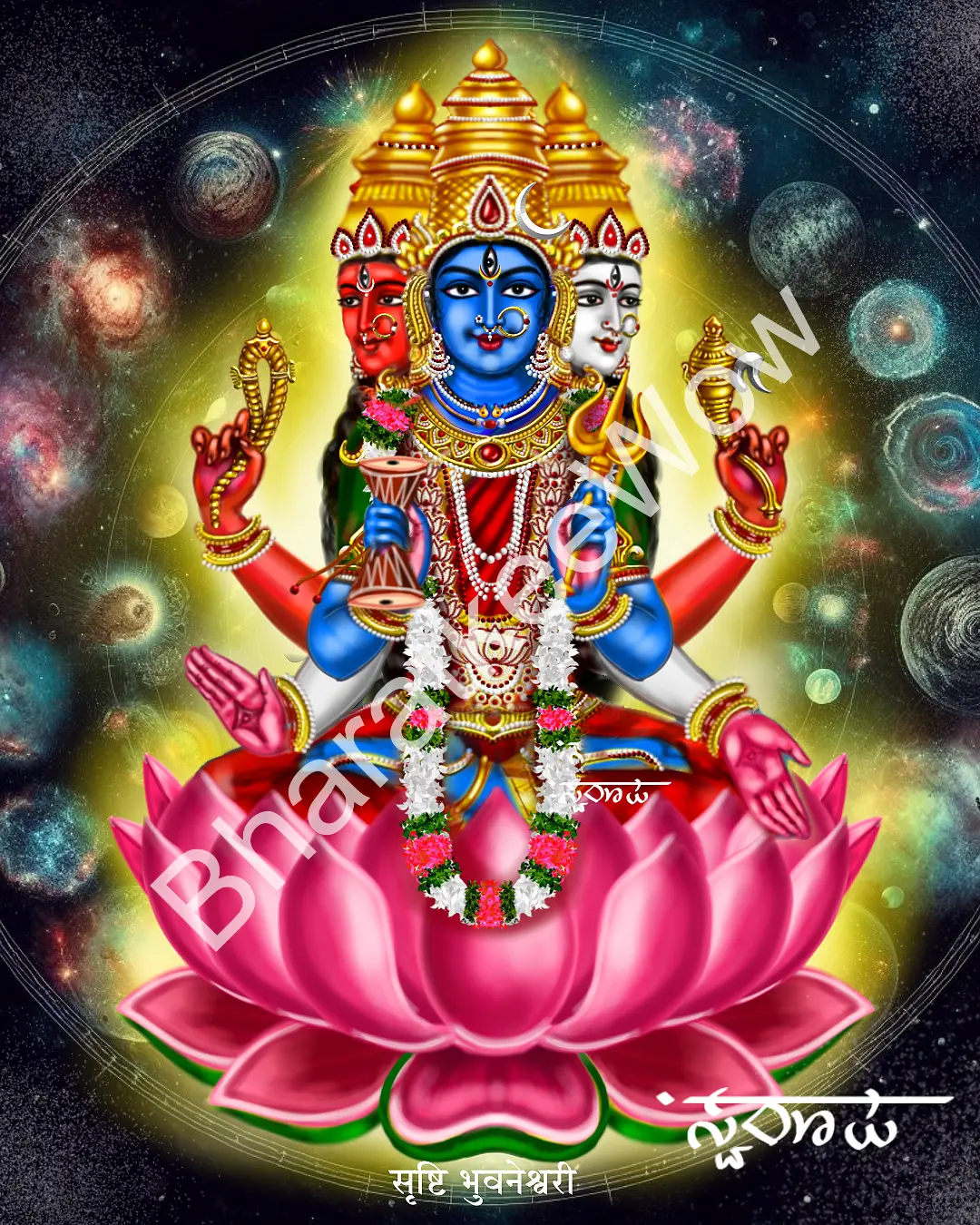 Sṛṣṭi Bhuvanēśvarī – Canvas Art Print by Swaroop Sṛṣṭi Bhuvanēśvarī canvas painting by Swaroop – Bhuvanēśvarī as creation — three faces of red, blue and white, seated on a lotus