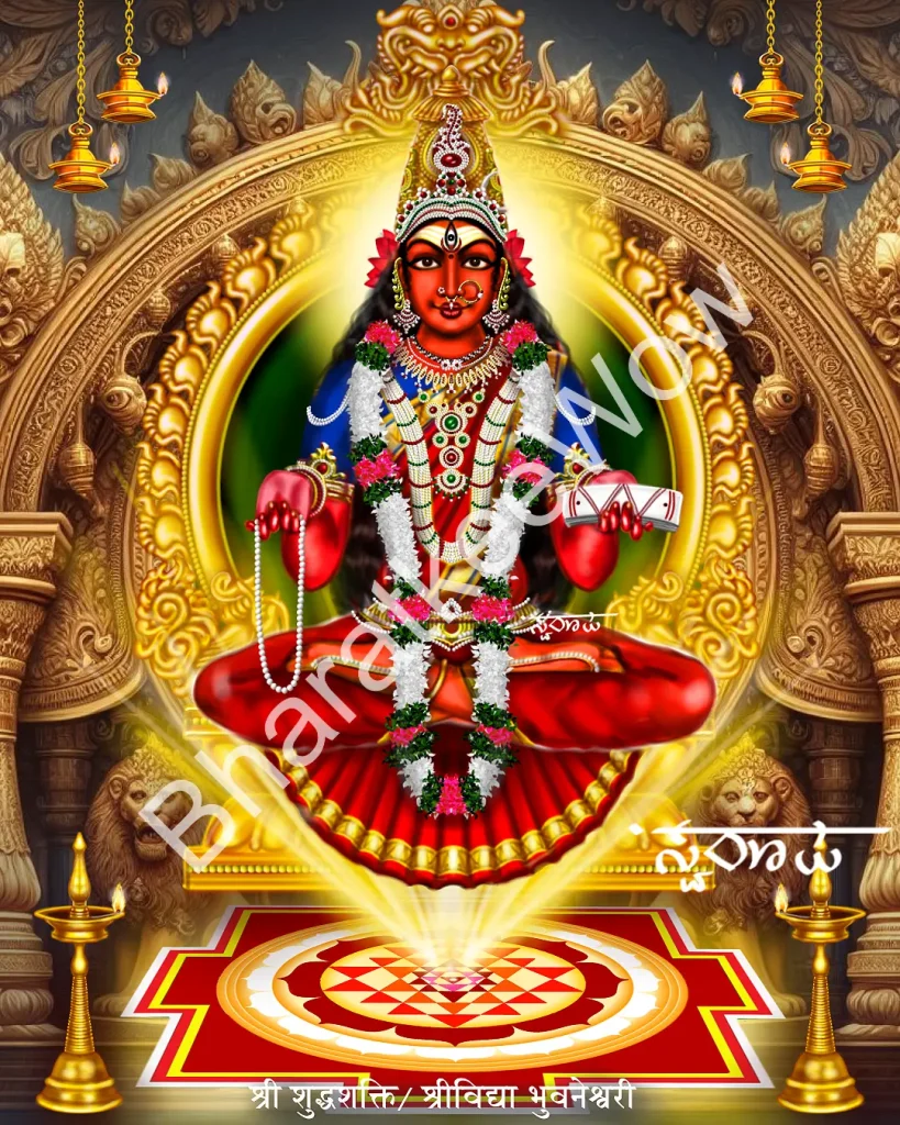 Śuddhaśakti Bhuvanēśvarī canvas painting by Swaroop – Bhuvanēśvarī as Śrī Tattva Vidyā — enthroned at the bindu of the yantra