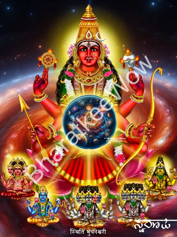 Sthiti Bhuvanēśvarī canvas painting by Swaroop – Bhuvanēśvarī as sustenance — conch, discus, bow and arrow in her four hands