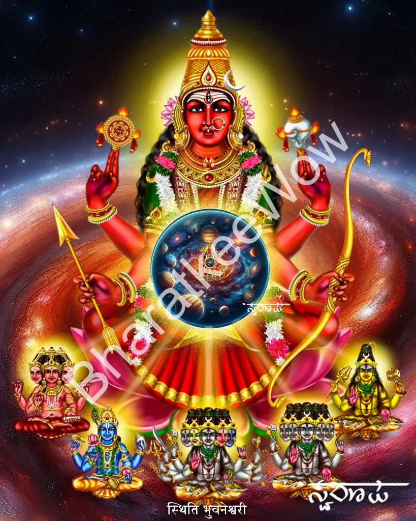 Sthiti Bhuvanēśvarī canvas painting by Swaroop – Bhuvanēśvarī as sustenance — conch, discus, bow and arrow in her four hands