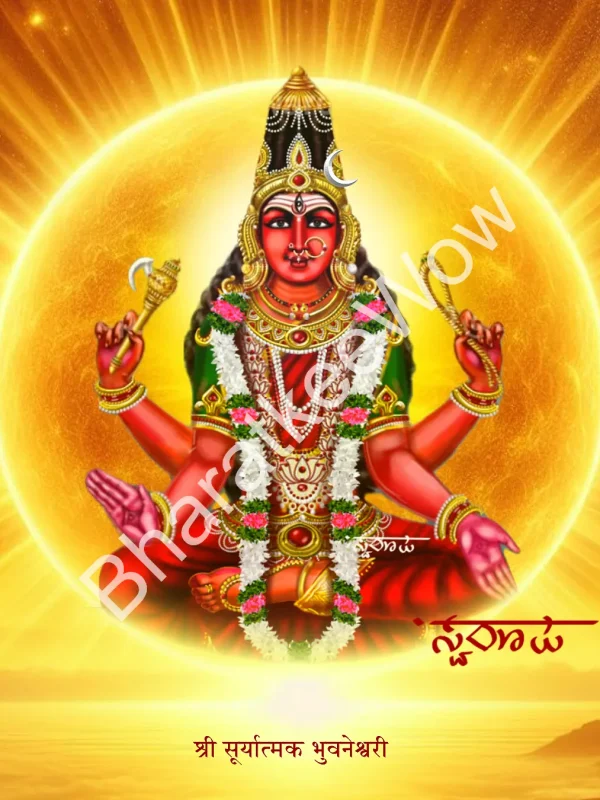 Sūryātmaka Bhuvanēśvarī canvas painting by Swaroop – Bhuvanēśvarī as the goddess within the sun — red as the hibiscus, cool amid its blaze