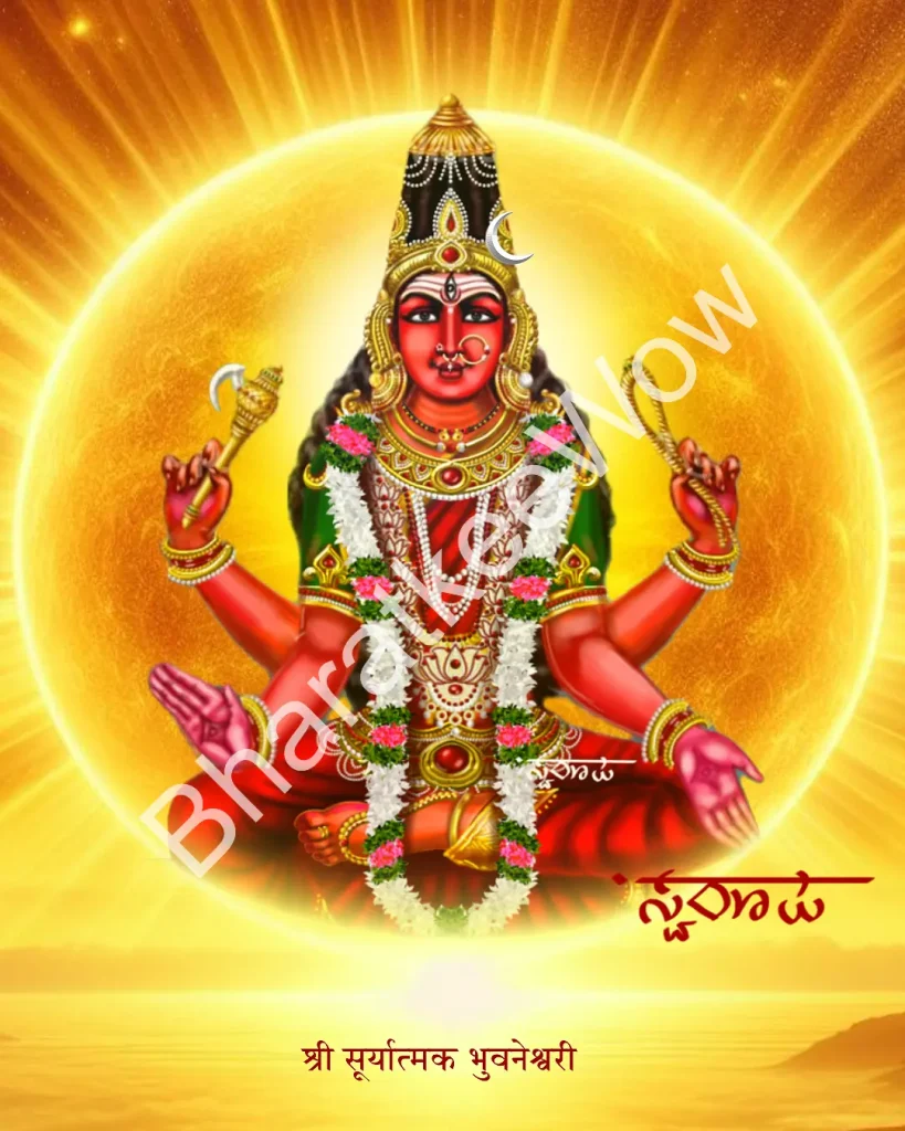 Sūryātmaka Bhuvanēśvarī canvas painting by Swaroop – Bhuvanēśvarī as the goddess within the sun — red as the hibiscus, cool amid its blaze