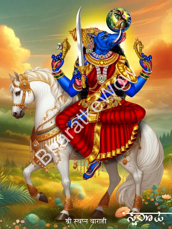 Svapna Vārāhī canvas painting by Swaroop – Vārāhī as the goddess of dreams, mounted on a horse