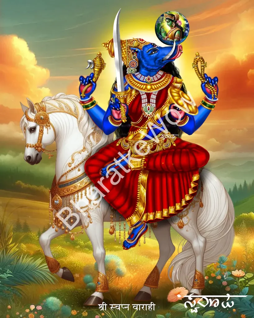 Svapna Vārāhī canvas painting by Swaroop – Vārāhī as the goddess of dreams, mounted on a horse