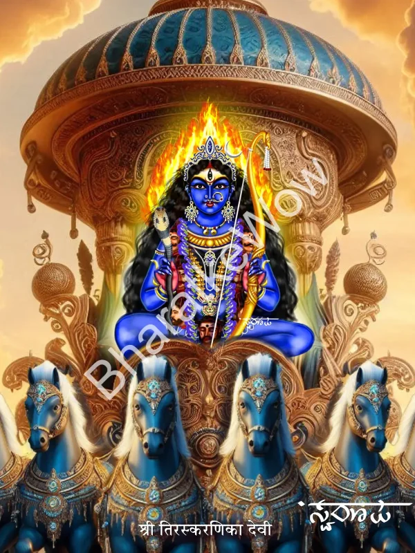 Tiraskariṇī Dēvī canvas painting by Swaroop – The goddess of veiling and Mahāvārāhī’s bodyguard — on her dark horse (view 2)
