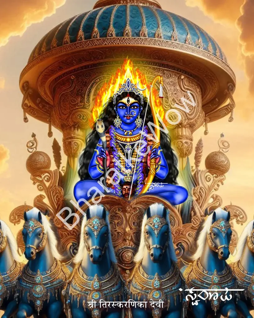 Tiraskariṇī Dēvī canvas painting by Swaroop – The goddess of veiling and Mahāvārāhī’s bodyguard — on her dark horse (view 2)