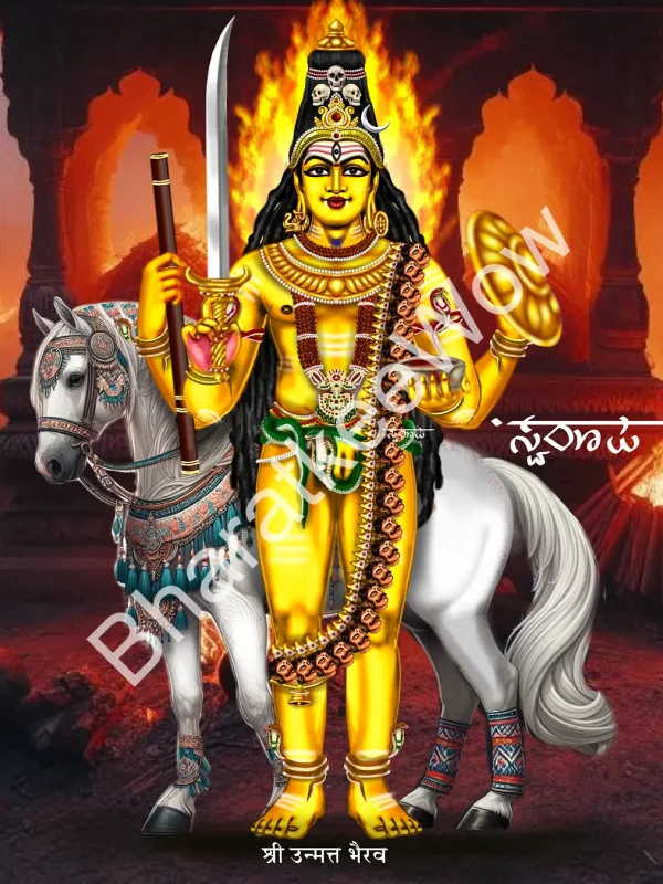 Unmatta Bhairava canvas painting by Swaroop – golden, riding a horse with Vārāhī, holding sword, skull, pestle and shield