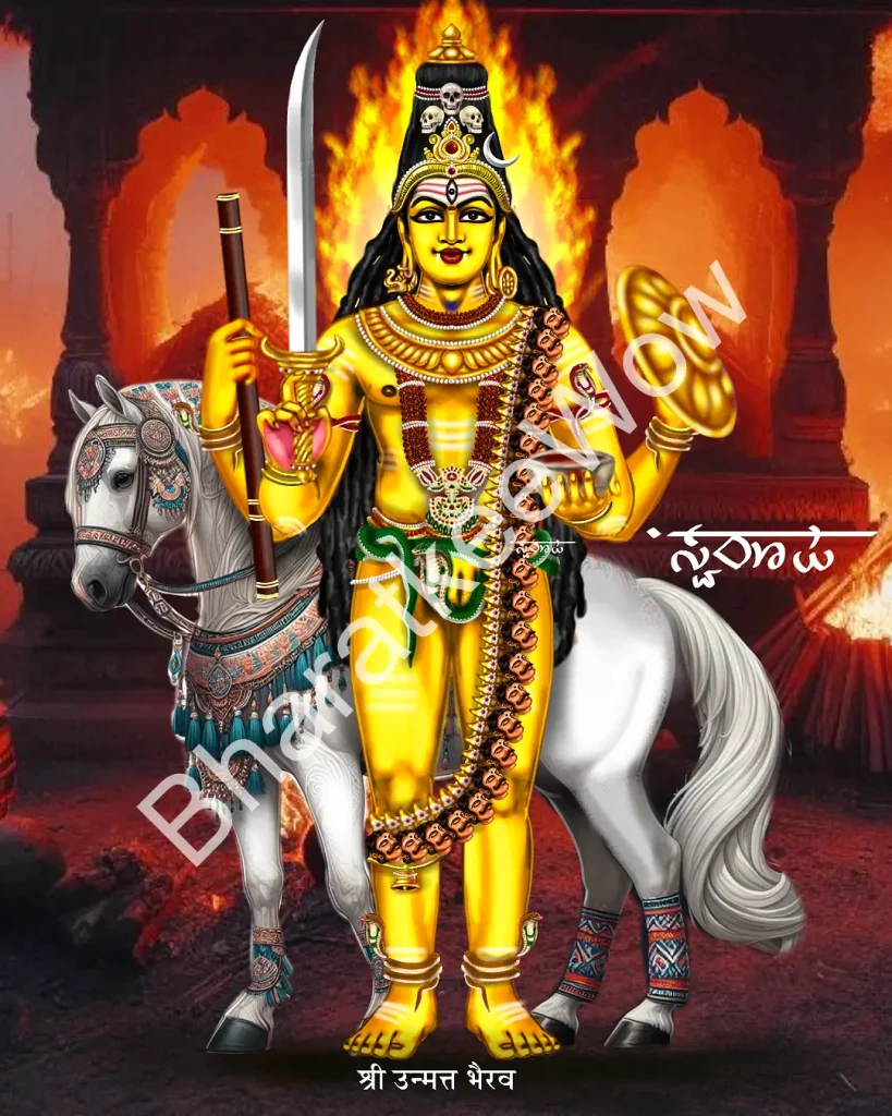 Unmatta Bhairava canvas painting by Swaroop – golden, riding a horse with Vārāhī, holding sword, skull, pestle and shield