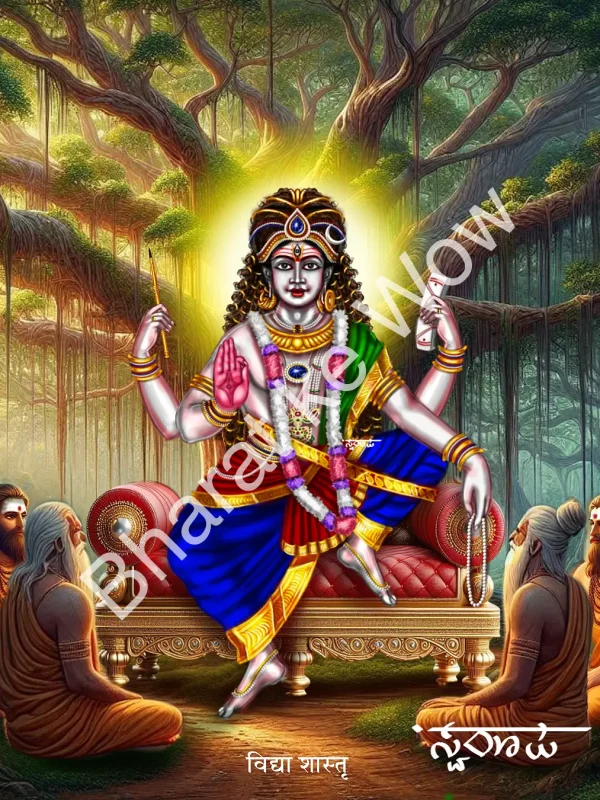 Vidyā Śāstā canvas painting by Swaroop – Śāstā as the teacher, with book, pen and jñāna mudrā, among the sages