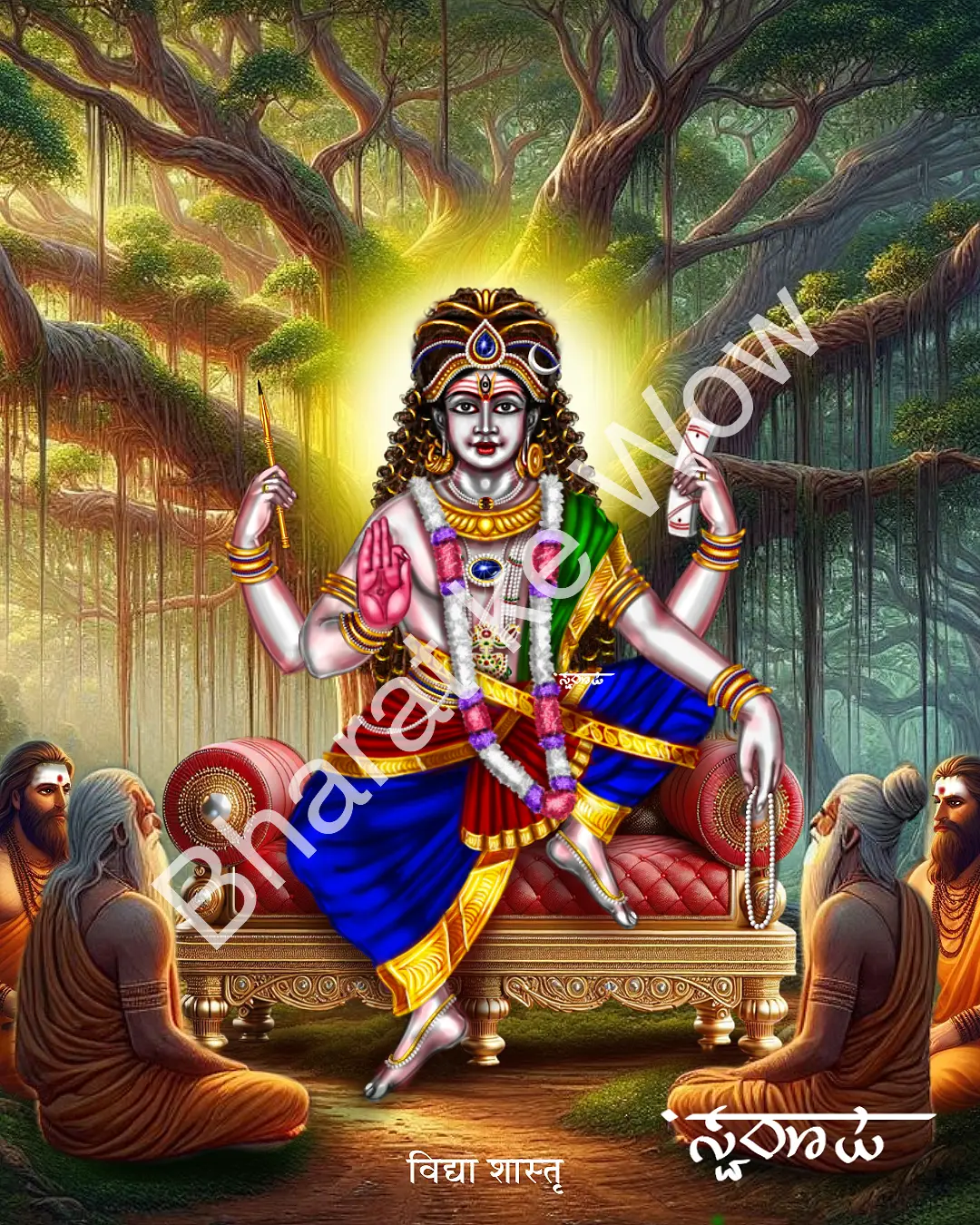 Vidyā Śāstā – Canvas Art Print by Swaroop Vidyā Śāstā canvas painting by Swaroop – Śāstā as the teacher, with book, pen and jñāna mudrā, among the sages