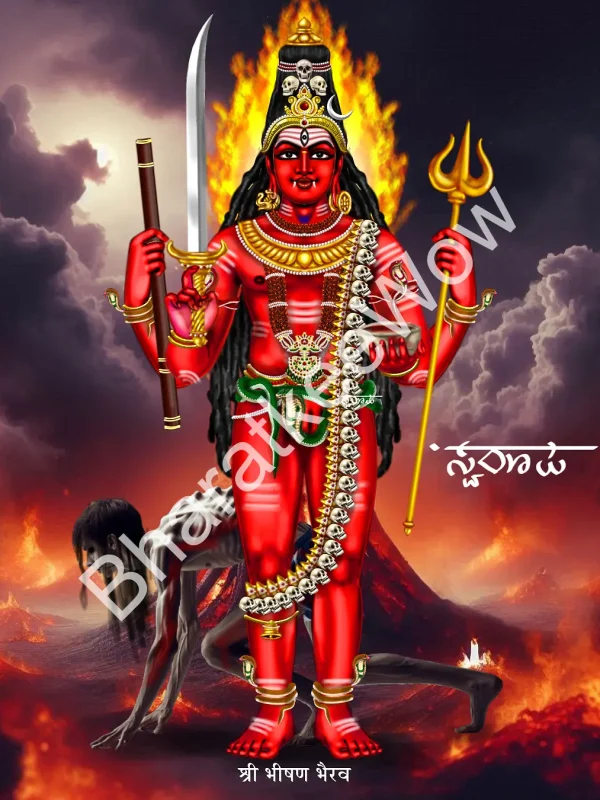 Bhīṣaṇa Bhairava canvas painting by Swaroop – blood-red, on a preta with Cāmuṇḍā, holding sword, trident, skull and pestle