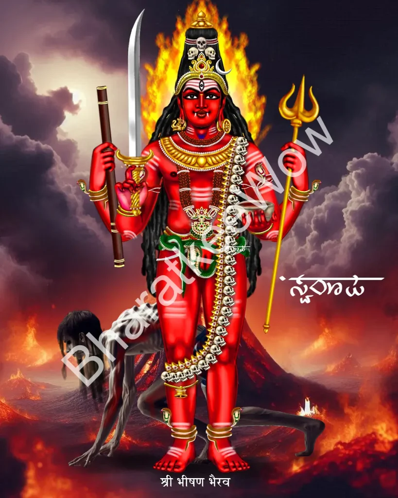 Bhīṣaṇa Bhairava canvas painting by Swaroop – blood-red, on a preta with Cāmuṇḍā, holding sword, trident, skull and pestle