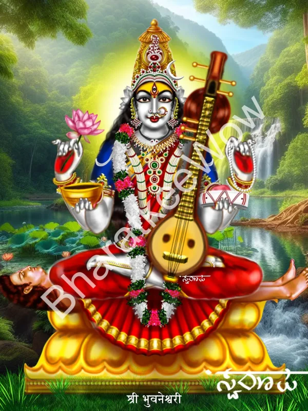 Śrī Bhuvanēśvarī canvas painting by Swaroop – Bhuvanēśvarī from an alternative dhyāna — seated with her vīṇā, praised by all the gods