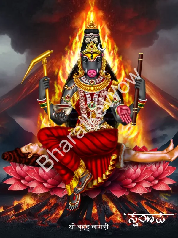 Bṛhad Vārāhī canvas painting by Swaroop – Vārāhī seated on a corpse in a red lotus, in ārbhaṭika posture